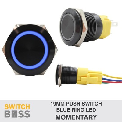 19mm BLUE LED (On)-Off Momentary BLACK Aluminium Push Switch R19-M 12v NO NC