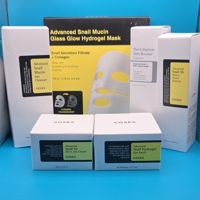 COSRX 6 pc Advanced Snail Glass Glow Skin Care Set, face mask, eye patches, ect.