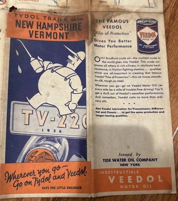Vintage Tydol  Veedol Road Map  1936 - Eastern US