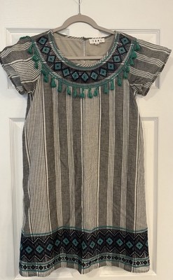 Anthropologie THML Mini Dress Sz XS Gray Green Tassels Aztec Southwestern Boho