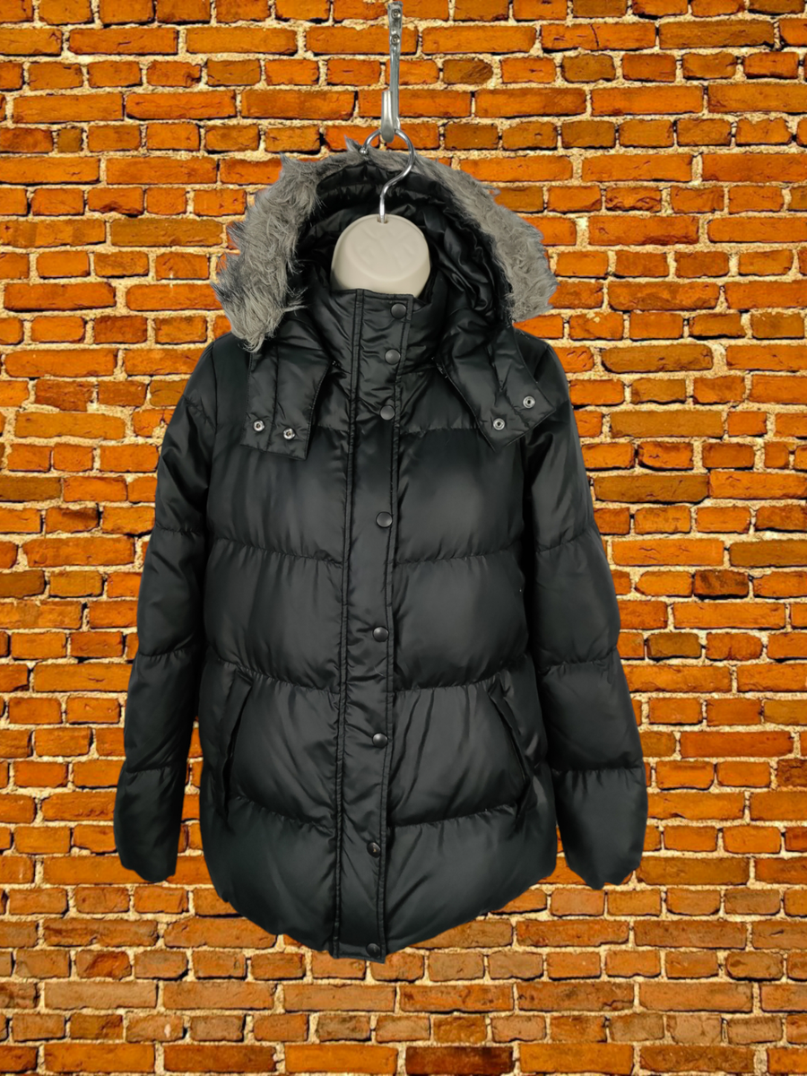 WOMENS UNIQLO SMALL BLACK FAUX FUR DOWN DUVET PADDED WINTER PUFFER