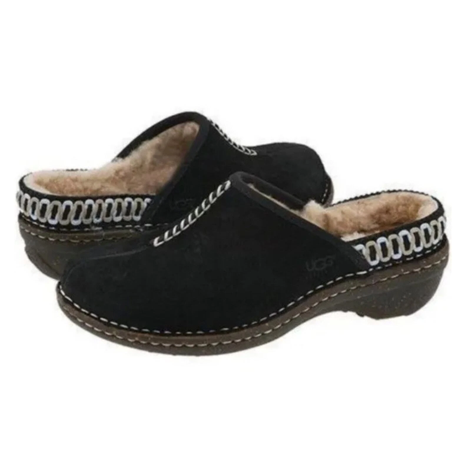 Scarpe da donna UGG slide taglia 7 Mules nere in pelle scamosciata foderate in shearling