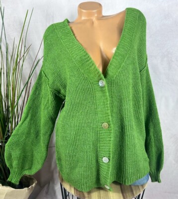 Flauschige Mohair Strickjacke Cardigan Perlmuttknöpfe Italy GRÜN