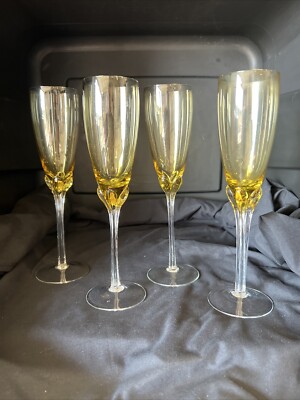 Four MIKASA Amber Champagne Flute FLOWER STEM Glasses - 10 In