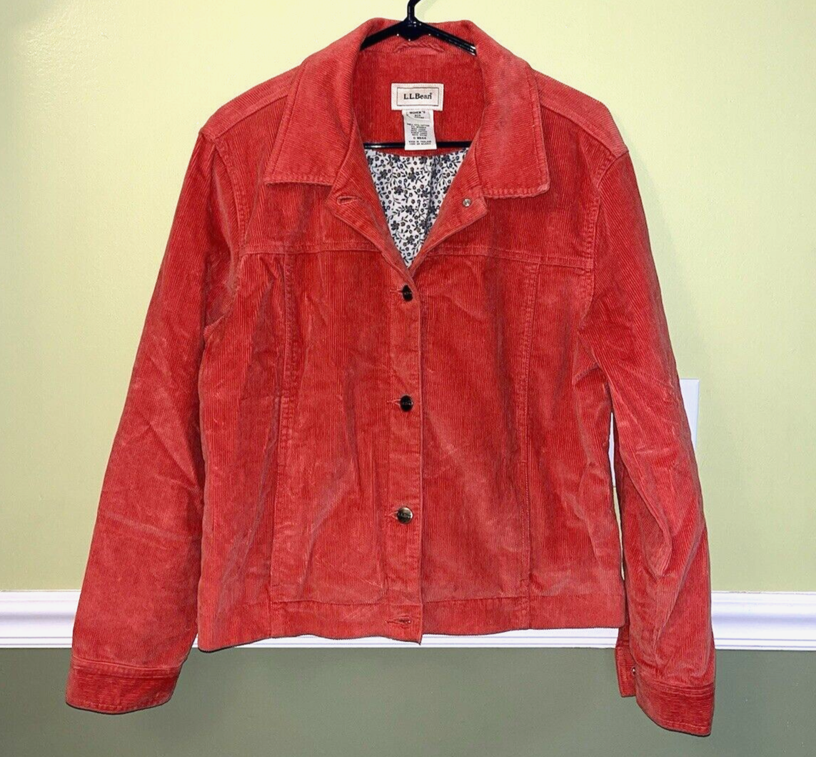 Bean Women’s M Coral Orange Corduroy Button Up Lined Jean Jacket