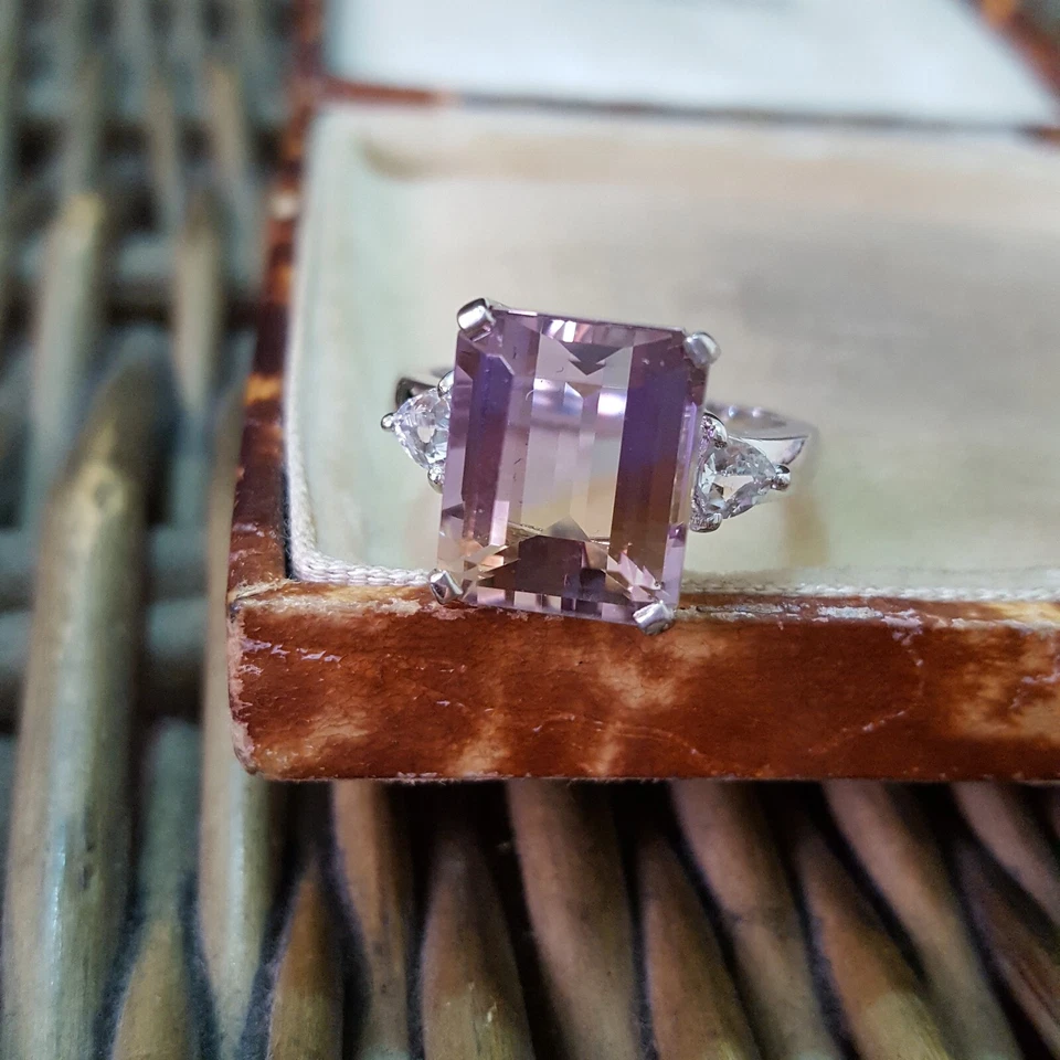 Anillo de Plata de Ley 925, Anillo de Ametrino Natural y Topacio, Talla O.5 EE. UU. 7.25 Foto 3 de 4