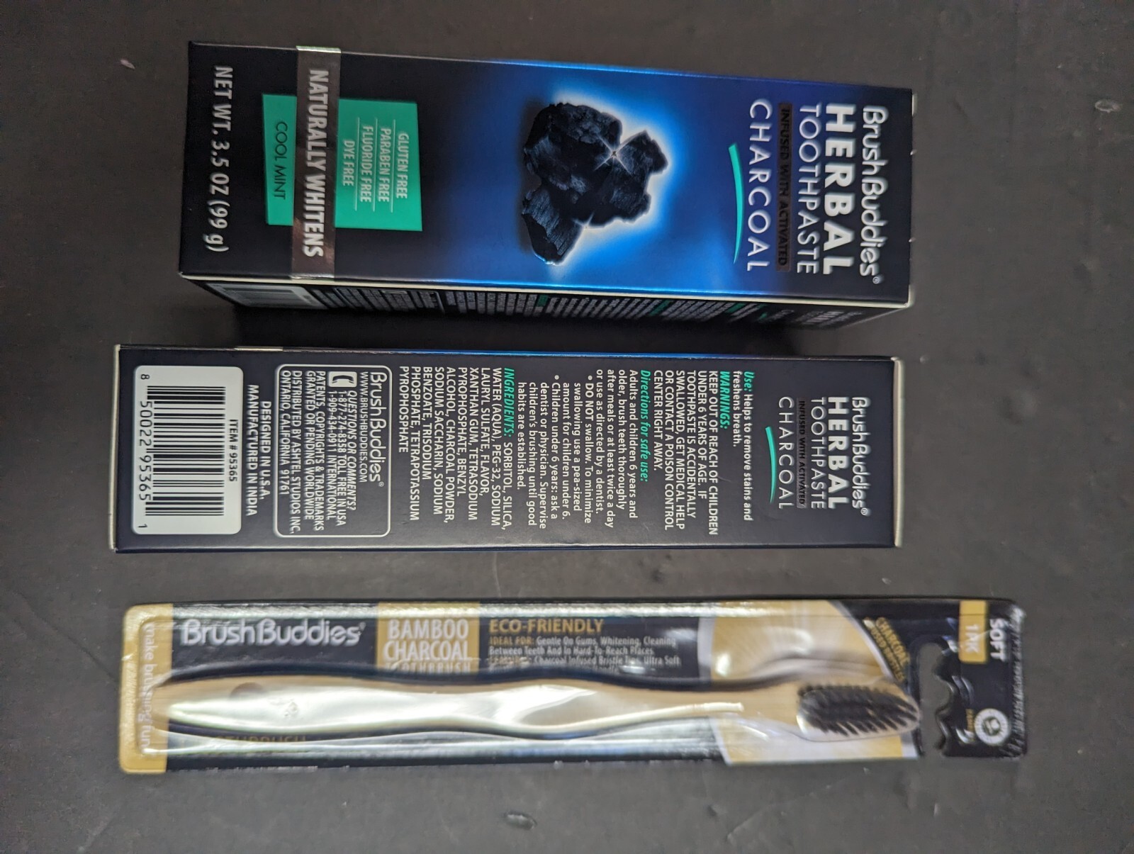 Brush Buddies Herbal Toothpaste w Activated Charcoal 2 packs & Bamboo Brush