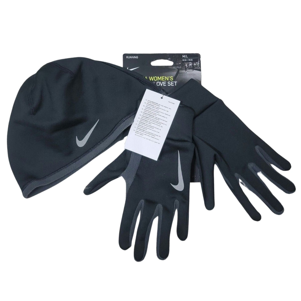 NIKE Women's Therma Hat and Glove Set sz Medium Large Black Gray Running
