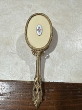 Vintage Hair Brush Vanity metal and wood flower rose ornnate gold/brass tone