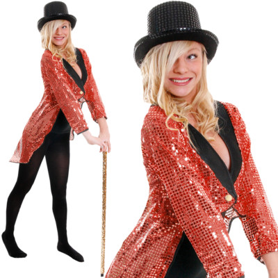 ROTER PAILLETTEN FRACK UNISEX KABARETT FANCY KLEID ZIRKUS RINGMASTER TANZKOSTÜM