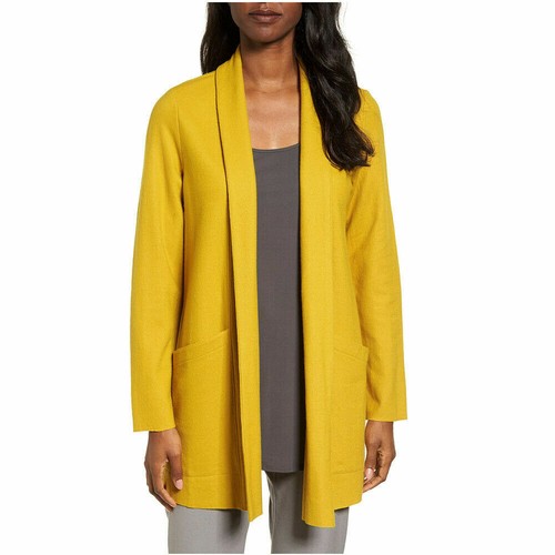 EILEEN FISHER Mustard Yellow Boiled Wool Jersey Shawl Collar Long Jacket PS - Picture 2 of 8