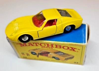 Matchbox Lamborghini Miura RW 1-75 Nr 33 VNmint seltenes hellgelb+OVP " E " Box - Bild 1 von 4