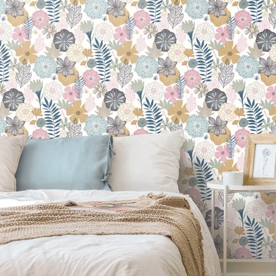 Rommates Perennial Blooms Floral Peel and Stick Botanical Wallpaper Pink Gray