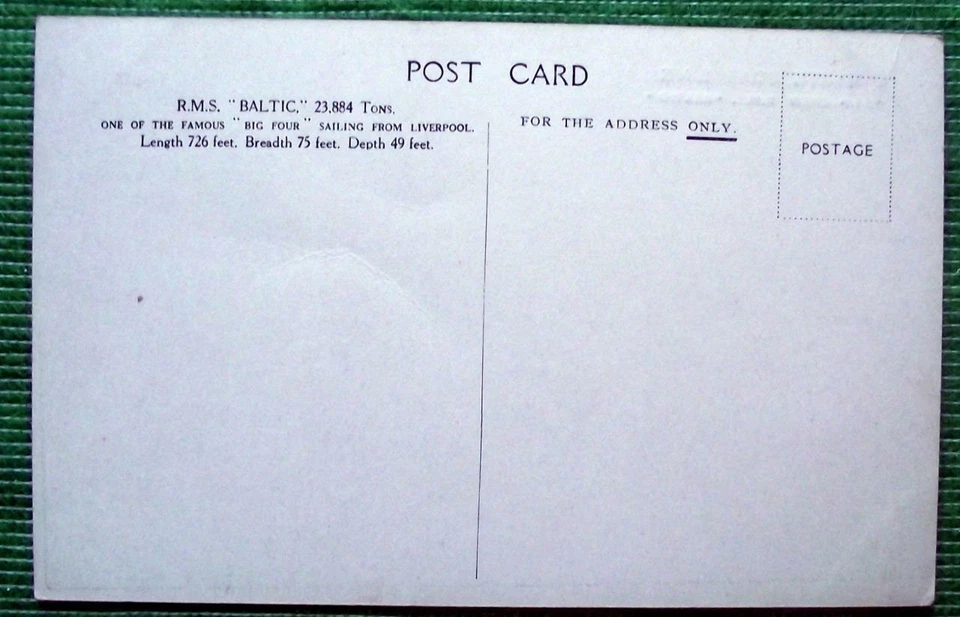 Vintage SS RMS BALTIC WHITE STAR SHIPPING LINE Ocean Liner Postcard z - Image 2 of 2
