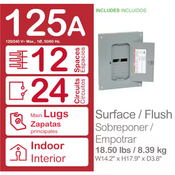 125-Amp 12-Space 24-Circuit Indoor Home Main Lug Load Panel Box | eBay