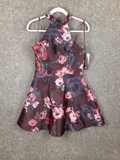 My Michelle Floral Hatler Dress Juniors 9 Pink Wine Full Skirt Pockets Chic NWT