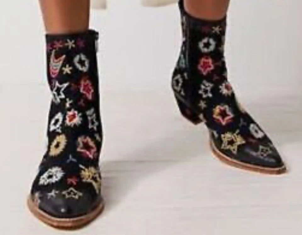 Botines FREE PEOPLE Bowers Bordados Cuero Negro Celestial Talla 40/10 Foto 2 de 4