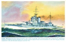 Postcard Watercolour Royal Navy HMS Warsprite Battleship Art