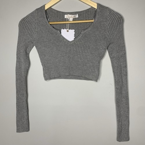 Mooloola New Size S Grey Long Sleeve Ribbed Knit Top Stretch Crop Minimalist NWT