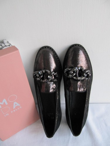 Moda In Pelle Leather Black/Bronze Lizard Loafer Womens EU 41 UK 7.5 NEW - Picture 2 of 12