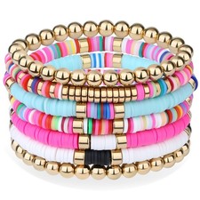 7pc Heishi Clay Bead Bracelets for Women Gold Plated Beaded Bohemian Stackable P