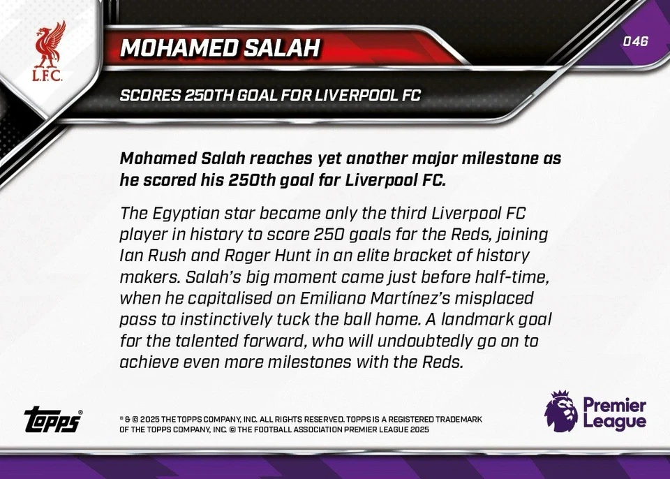 TOPPS NOW 25-2026 EPL PREMIER LEAGUE #46  MOHAMED SALAH LIVERPOOL PREORDER - Image 2 of 2