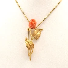 Solid 18k Gold Carved Sea Coral Stemmed Rose Brooch Pin Pendant Vintage Italy
