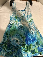 Nine West Blue Green Floral Fit & Flare Scoop Neck Sleeveless Dress Knee 8