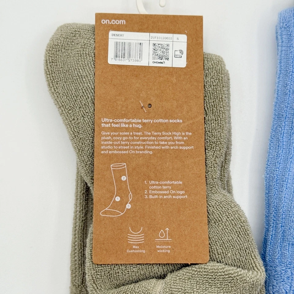 On Cloud Terry Sock High Max Cushion Size S (2 Desert, 1 Blue) 3 PAIRS, NEW - Image 4 of 4