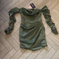 PRETTYLITTLETHING Women's Khaki Satin Corset Ruched Sleeves Bodycon Dress Size 6