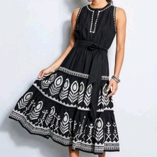 Elie Tahari Women's 6 Linen Blend Embroidered Tiered Dress Belted Sleeveless