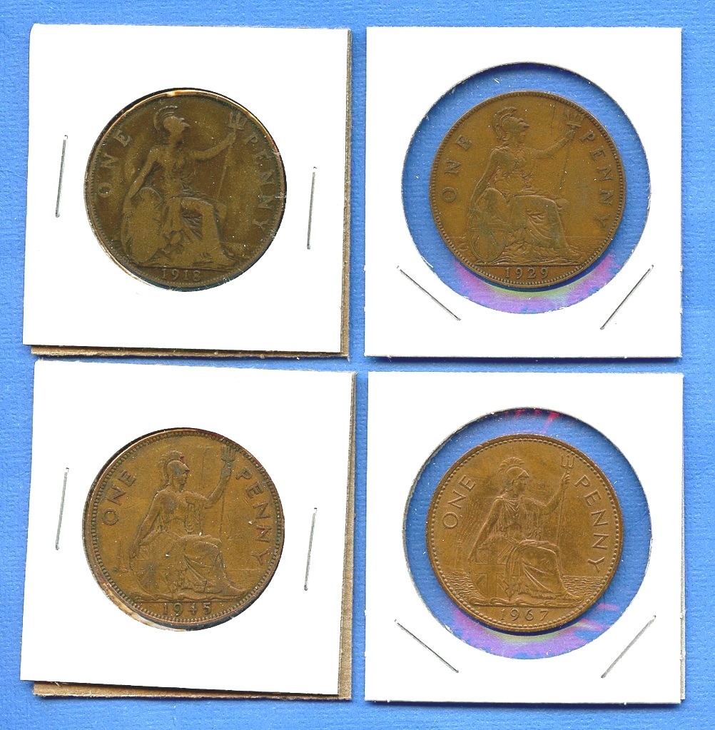 Lot of 4 English One Penny 1918, 1929, 1945, 1967 Great Britain