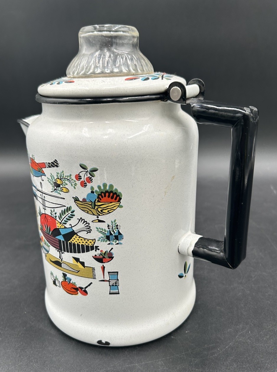 Vintage Georges Briard Style MCM Enamelware Turkey Fixings Percolator Coffee Pot