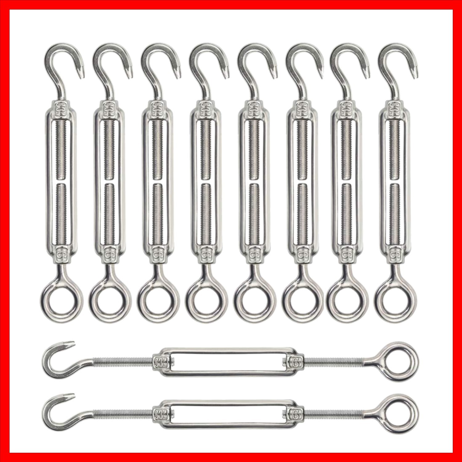 10PCS Heavy Duty M6 Stainless Steel Turnbuckles - 220 LB Tension Adjusters