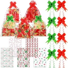 50 Pcs Christmas Cellophane Wrap Bags with 50 Pull Bow 17.71 x 23.62 Inch 3 M...