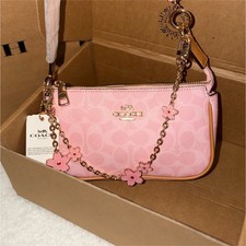 Coach Pink Signature Shoulder Bag Zip Closure Detachable Strap Charm Gold