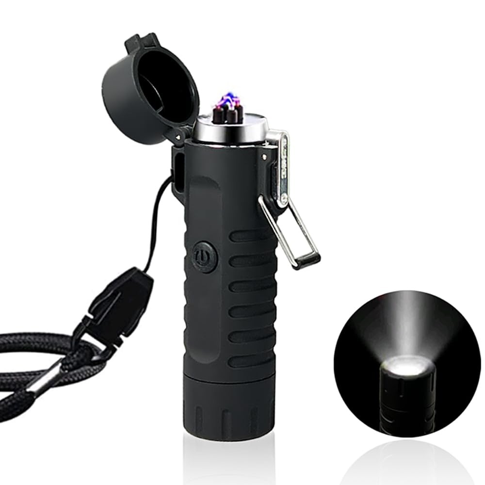 Briquet arc LED portable noir pour camping et randonnée avec lampe de poche plasma
