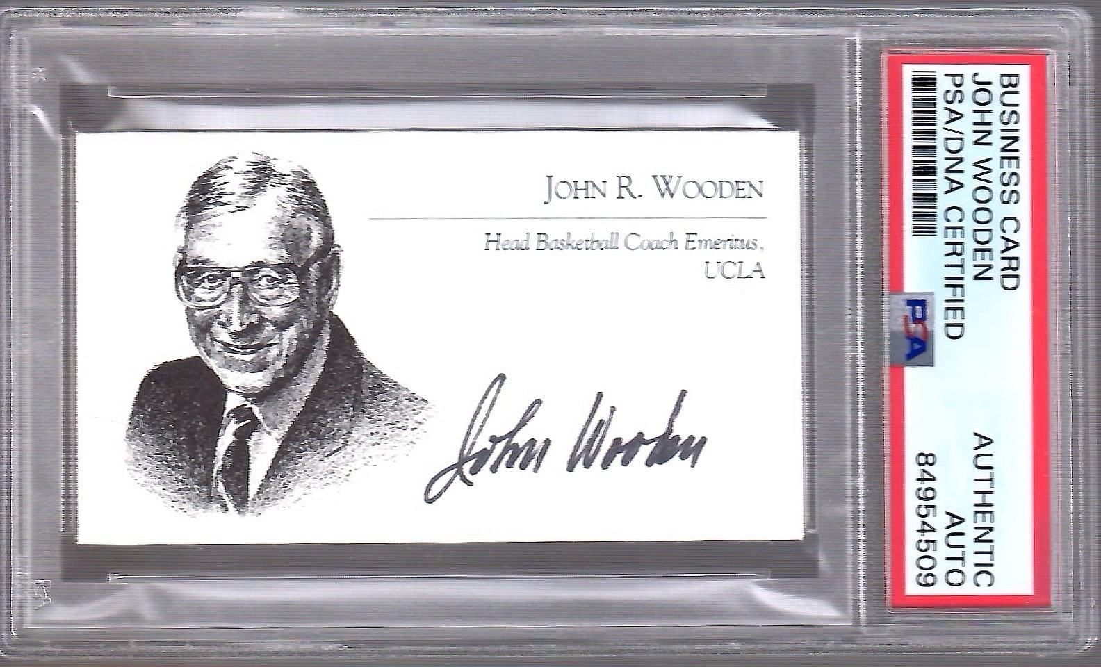 John Wooden Autographed Signed HAND PYRAMID OF SUCCESS BUSINESS CARD RARE PSA SLABBED 