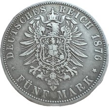 1876-C German States Prussia 90% SILVER 5-Marks 