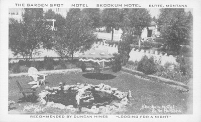 Butte, Montana, SKOOKUM Motel The Garden Spot Postcard Vtg c1940 Duncan Hines N
