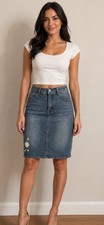 Y2K Embroidered Denim Mini Floral Jean Skirt Vintage Style Size L Boho Festival
