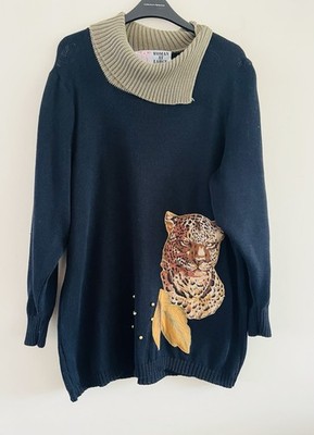 Vintage 80er Pullover Leopard Applikation Perlen 100% Baumwolle Made In Britain XL