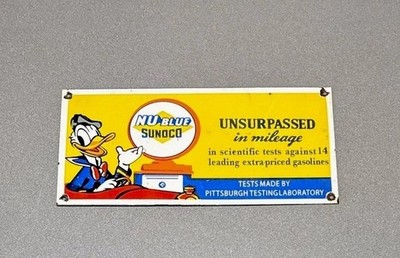 VINTAGE 17  SUNOCO DONALD DUCK DISNEY PORCELAIN SIGN CAR GAS OIL MOTORCYCLE