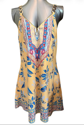 ETCYY Women's XL Yellow Floral Tunic Dress Pockets Ring Zip Boho Beach Resort