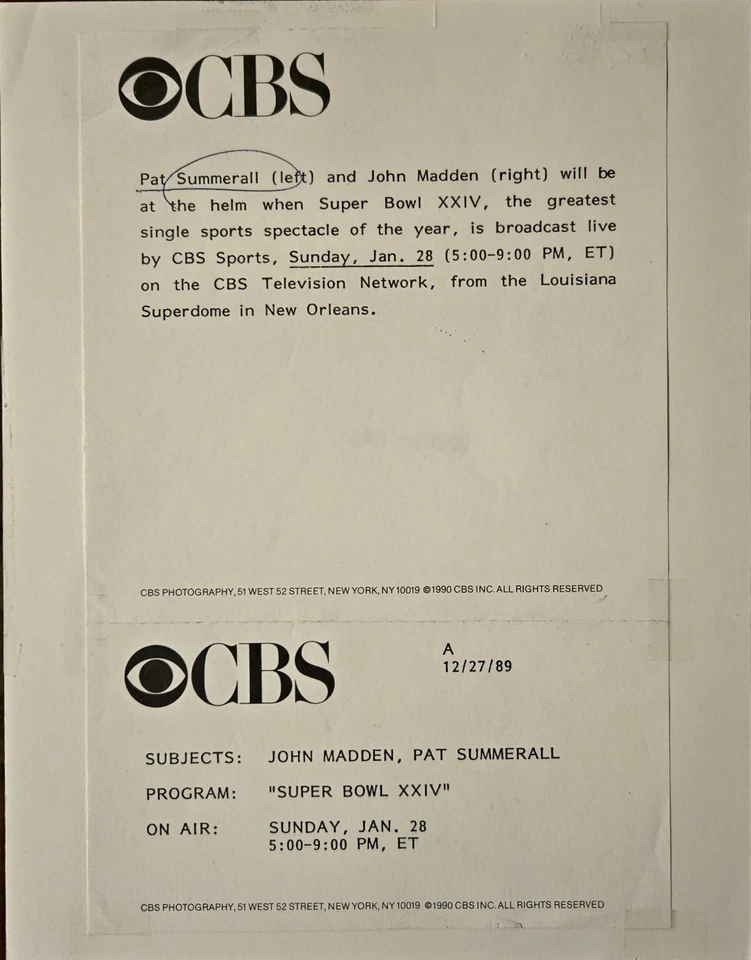 John Madden, Pat Summerall, 1989, CBS Super Bowl, Original Type 1 Photo - Image 2 of 2