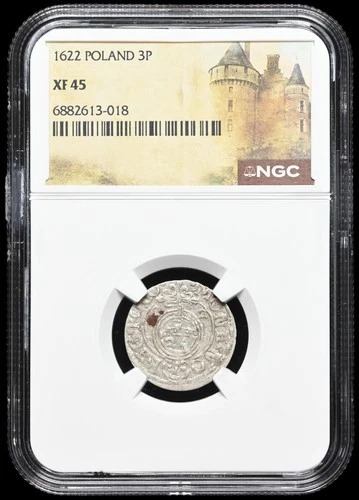 POLAND. Sigismund III, Silver 1/24 Thaler (3 Polker), 1622, NGC XF45