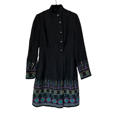 Plenty by Tracy Reece Long Black Embroidered Button Zip Front Wool Coat Size 2