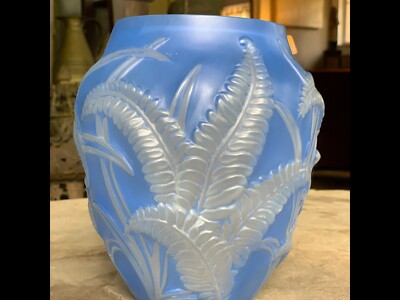 Phoenix/Consolidated Art Glass Vase; Robin's Egg Blue w/ Fern Leaf Design (7'')