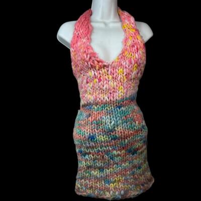 rainbow crochet halter dress Rainbow Stripe Crochet Halter Mini Dress