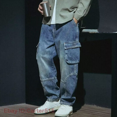 Fashion Mens Denim Cargo Pants Loose Jeans Overalls Pockets Work Casual  Trousers